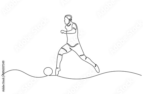 Continuous one line drawing of Soccer player in action. Single line drawing illustration of Football player dribble with a ball. World Football Day concept vector art. Doodle line illustration.