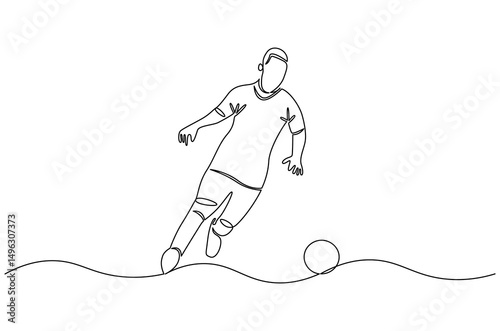 Continuous one line drawing of Soccer player in action. Single line drawing illustration of Football player dribble with a ball. World Football Day concept vector art. Doodle line illustration.