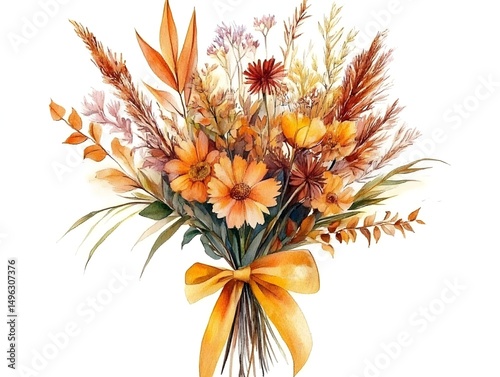 Fototapeta Naklejka Na Ścianę i Meble -  A watercolor painting depicts a vibrant autumnal bouquet tied with an elegant orange ribbon featu dried flowers and grasses.