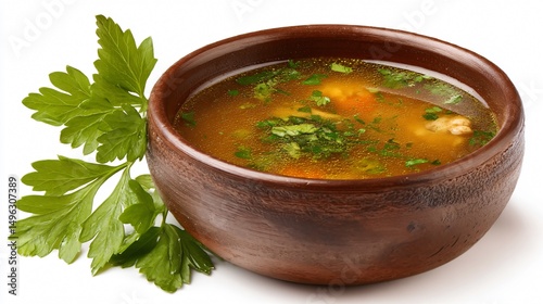 Savory Chicken Soup with Fresh Parsley in Rustic Brown Bowl on White Background
