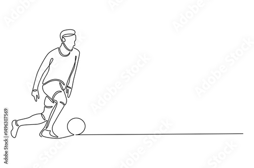 Continuous one line drawing of Soccer player in action. Single line drawing illustration of Football player dribble with a ball. World Football Day concept vector art. Doodle line illustration.