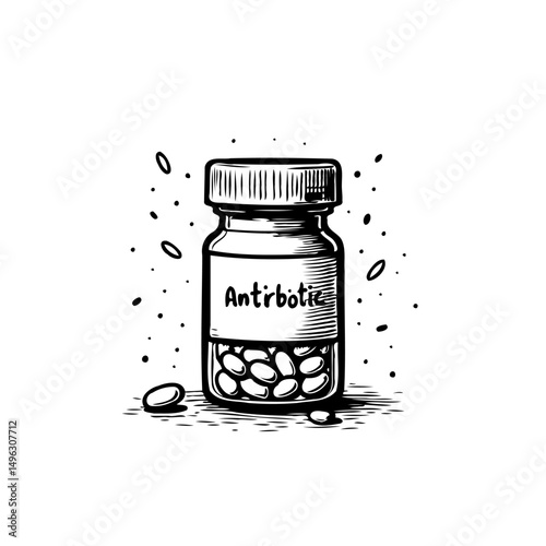 Hand-drawn illustration of an antibiotic bottle filled with capsules for healthcare