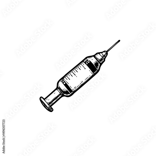 Monochrome representation of medical syringe with scale and needle details