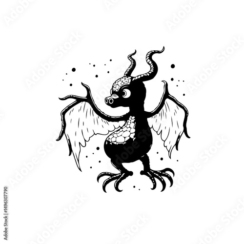 Whimsical inked griffin illustration with curved horns and dotted accents