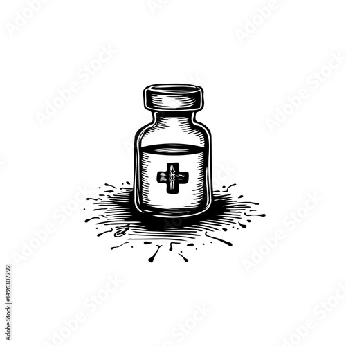 Monochrome drawing of a medicinal vial with cross symbol, isolated on white