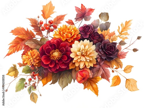 A vibrant autumn floral arrangement features dahlias, roses, chrysanthemums, berries, and fall leaves in rich red, orange, and burgundy hues.