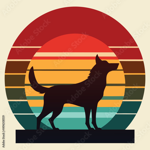 Retro Sunset Silhouette Majestic Dog in Vintage Style Graphic Design