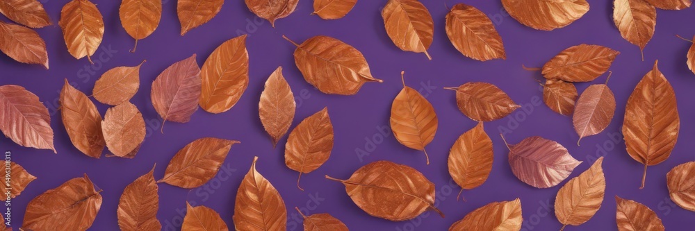 Obraz premium Dried orange metallic leaves, violet backdrop Geometric leaf pattern , orange, overlay