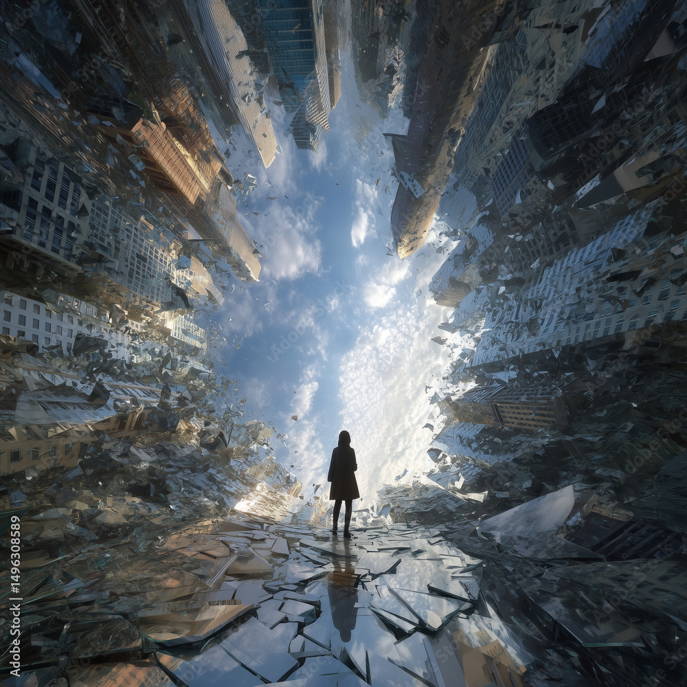 Obraz premium person standing in a city that appears shattered like glass