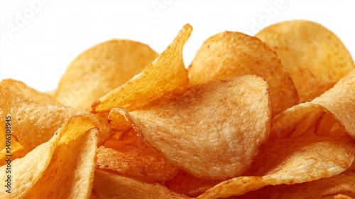 Close-up Potato Chips on White Background for Snack Packaging and Advertising