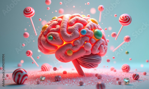 A whimsical brain sculpture is pierced by lollipop sticks and surrounded by colorful candy spheres in a playful display.