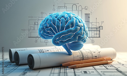 Wallpaper Mural A detailed blueprint-style brain model sits atop rolled architectural plans alongside pencils on a drafting table. Torontodigital.ca