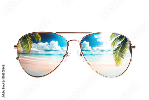 Aviator sunglasses with a reflective lens showing a tropical beach with palm trees, blue sky, and ocean isolated on a transparent background photo