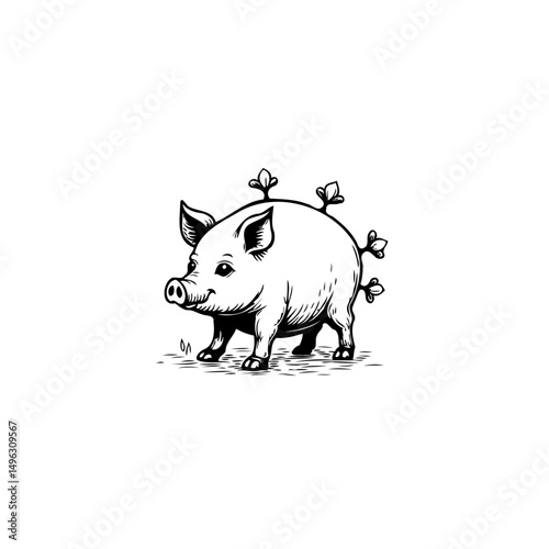Whimsical porcine illustration adorned with decorative floral elements around back
