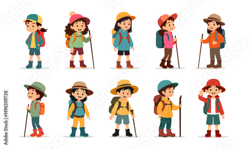 Kids hiking characters graphic vector illustration set