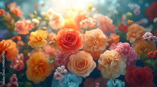 A vibrant bouquet of orange pink and peach roses and carnations bathed in warm sunlight creates a cheerful floral arrangement.