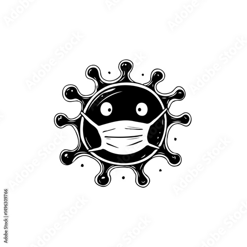 Humorous depiction of a virus wearing protective mask, in black and white drawing