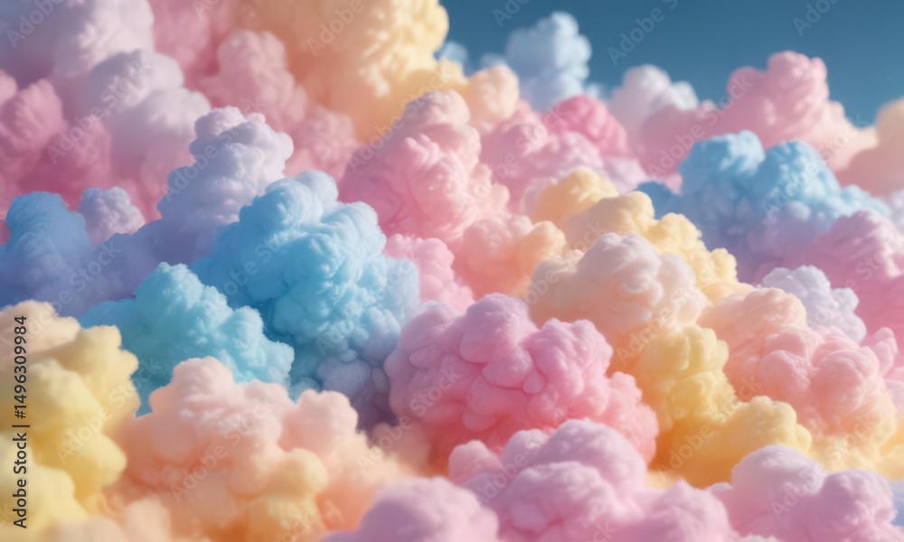 Fototapeta premium Fuzzy pink, blue, yellow ombre, resembling spun sugar clouds, color, gradient, sweet