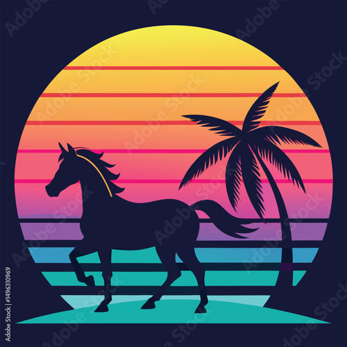 Silhouette of a Horse at Sunset with Palm Trees Retro 80s Design