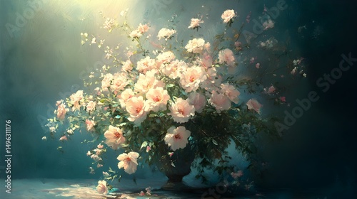 A lush bouquet of delicate peach roses sits in an antique vase on a dark teal background illuminated by soft light.