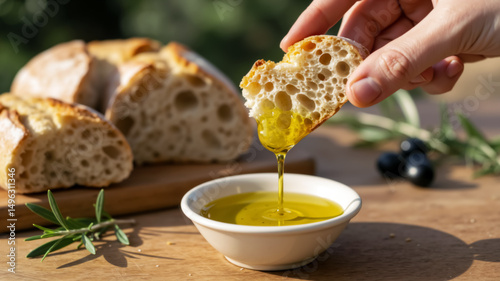 Close up of hand dipping crusty bread into olive oil with fresh olives and rosemary. Italian cuisine appetizer, Mediterranean diet concept.