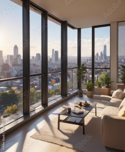 Sun-drenched modern apartment, panoramic city view,  home decor,  contemporary