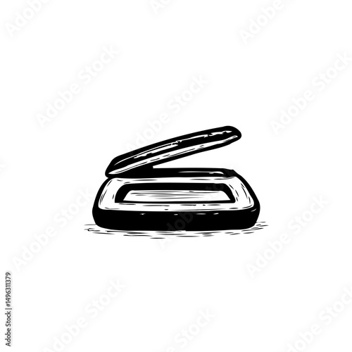 Stylized black and white drawing of a scanner with an open lid design