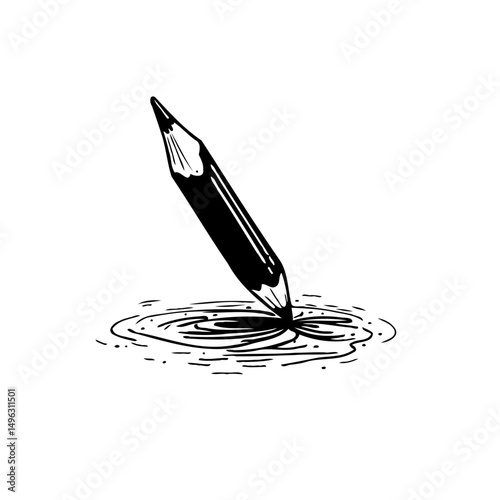 Pencil Sketch: Single Sharpened Implement Creating Circular Liquid Ripples