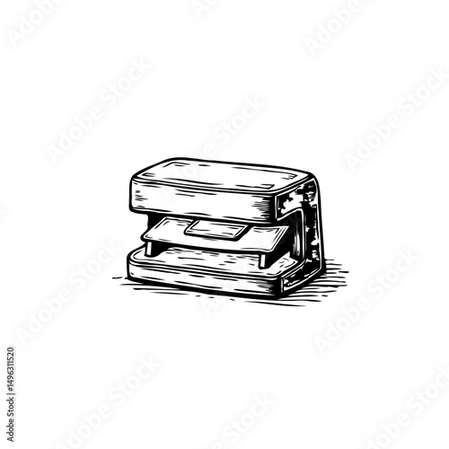 Monochrome engraved depiction of a vintage office stapler on plain backdrop