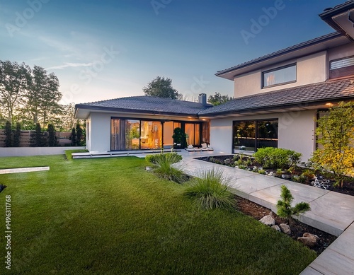 luxury house exterior with impressive backyard landscape design