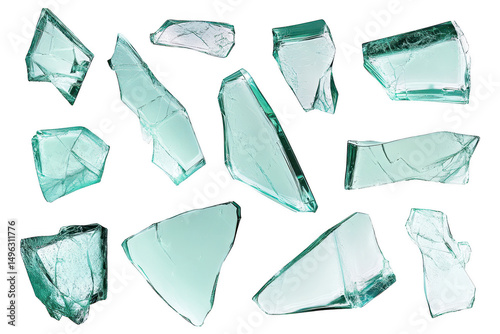 Collection of sharp broken glass pieces and shattered green glass shards arranged randomly isolated on a transparent background