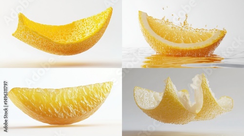 Four vibrant lemon slices, peeled and sectioned, suspended in mid-air or impacting water, showcasing textured surfaces and dynamic motion