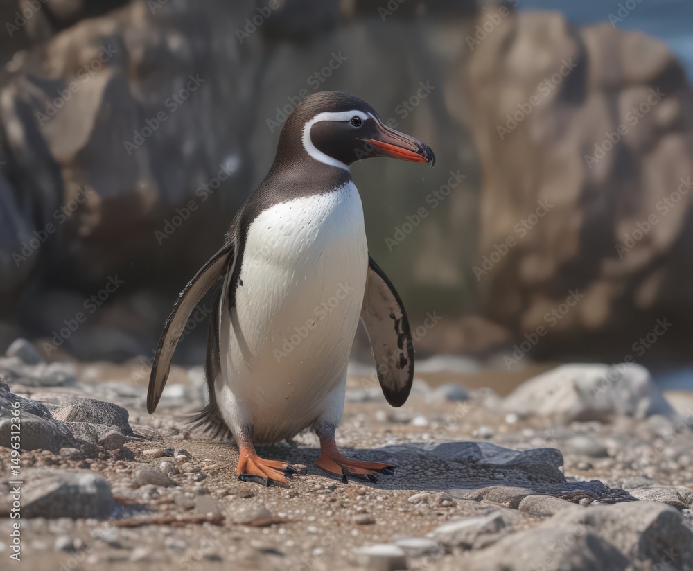 Naklejka premium Humboldt penguin preening its feathers on a rocky beach , wild, beach, humboldt penguin
