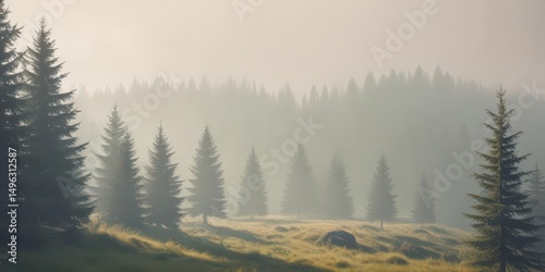 Rolling hills, foggy fir trees, retro filter applied, adventure, fir