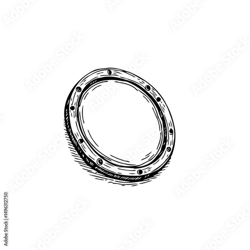 Stylized antique porthole illustration with meticulous etchings and bolt details
