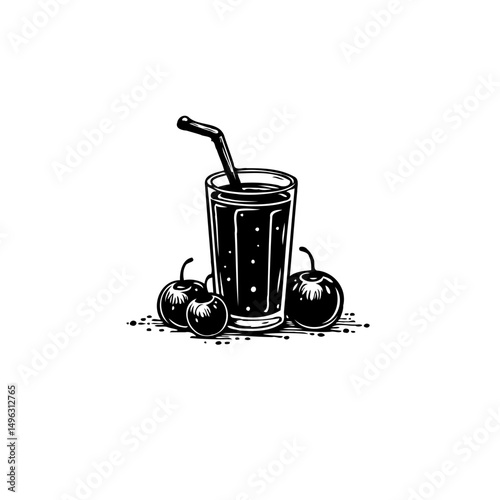 Monochromatic rendering: Glass of juice next to cherries, offering a taste of summer