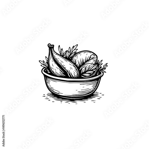 Artistic monochrome food illustration with organic ingredients in a bowl