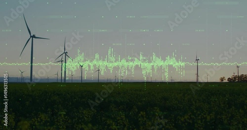 green waveform appearing causing wind turbines rotating and data spikes dropping for energy insight