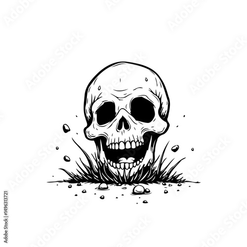 Monochrome skeletal cranium amidst overgrown foliage evoking mortality