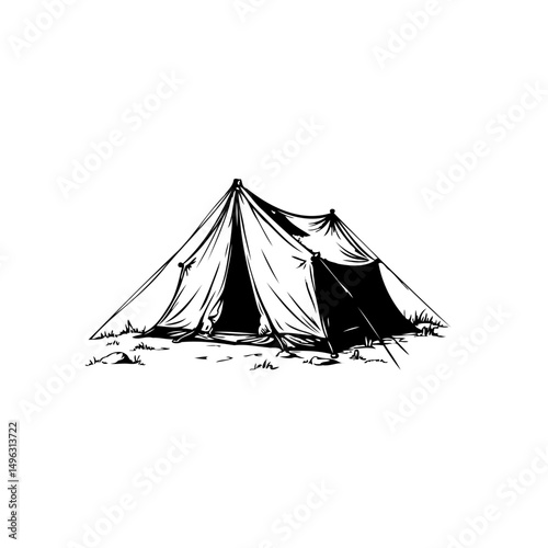 Monochrome illustration showcasing a simplistic camping tent drawing design