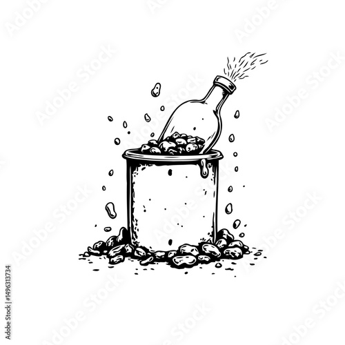 Stylized illustration of a bottle pouring liquid into a mug filled with beans