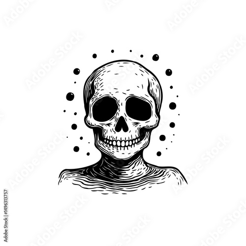 Monochrome skull artwork illustrating mortality and skeletal structure representation