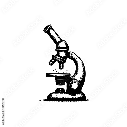 Detailed monochrome illustration of a classic microscope design equipment