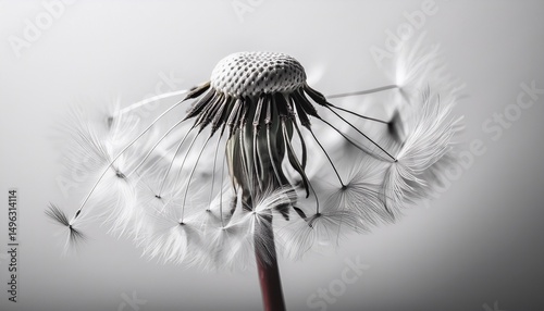 dandelion seed head with floating seeds monochromatic photography nature white background macro shot soft lighting dandelion seeds seed dispersal