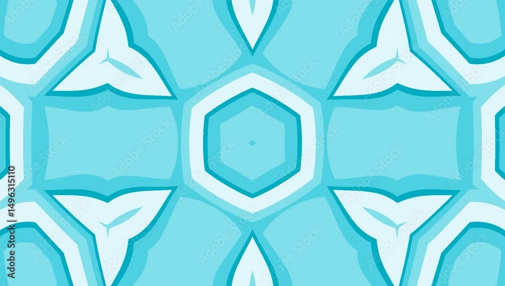 Abstract gradient geometric animation of  cyan and light blue kaleidoscopic geometric pattern in a looping motion, central hexagon, surrounding symmetrical shapes. Concept of abstract symmetry 