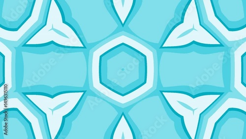 Abstract gradient geometric animation of  cyan and light blue kaleidoscopic geometric pattern in a looping motion, central hexagon, surrounding symmetrical shapes. Concept of abstract symmetry 
