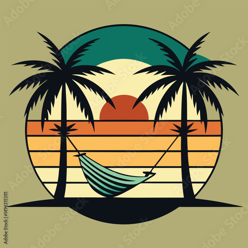 Sunset Hammock Paradise Tropical Beach Relaxation Illustration