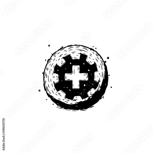 Abstract emblem featuring a central plus symbol within a textured gear shape