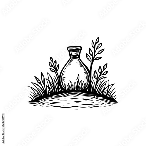 Monochrome vase drawing nestled amongst foliage in a simplistic composition