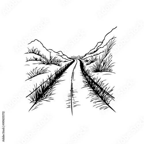 Monochrome depiction of path leading towards distant peaks drawing style